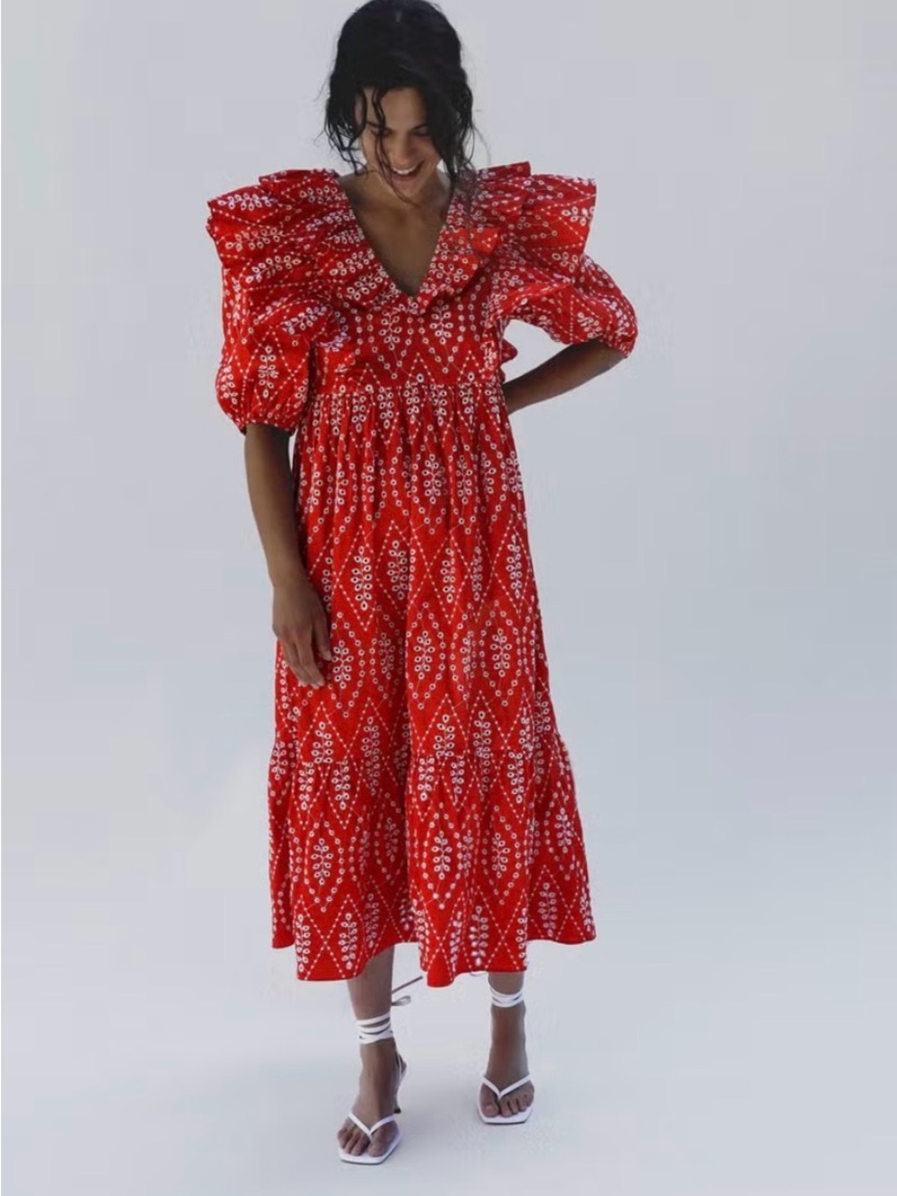 Zara Red Floral Cutwork Embroidered Midi Dress
